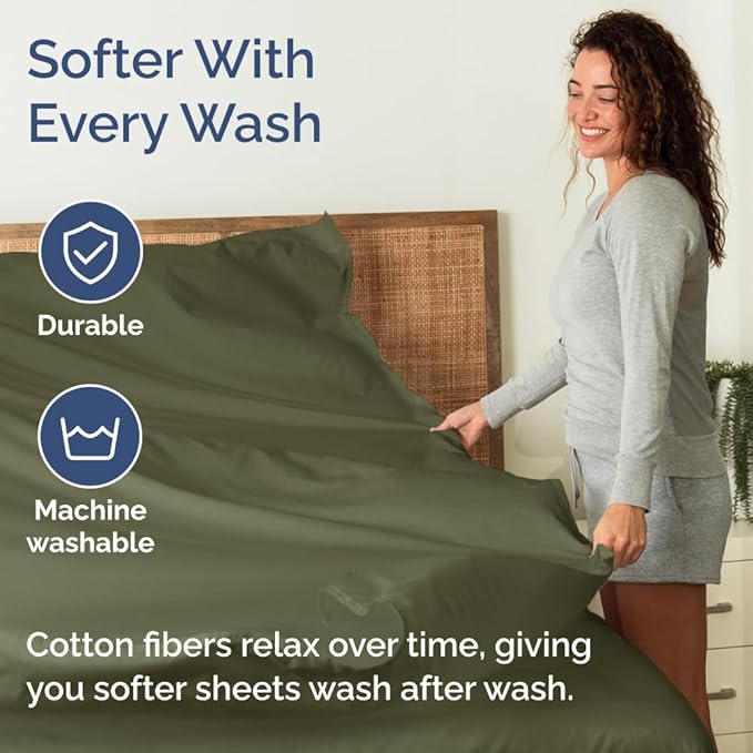 400 Thread Count Cotton Sheet Set - Twin Size 100% Cotton Sheets - Easily Fits 8" to 16" Mattress - Silky-Soft, Wrinkle Free, Breathable & Comfy - Deep Pockets & Hotel Quality Bedding Set - Sage Green