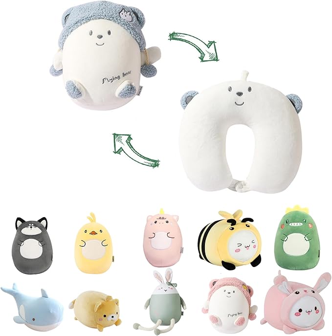 stocaggio Kids Travel Pillow - 2-in-1 Deformable Kids Neck Pillow for Traveling, Soft U-Shaped Pillow with Adorable Animal Design, Comfy Sleep and Play, Ideal for Airplanes and Cars - Blue Bear