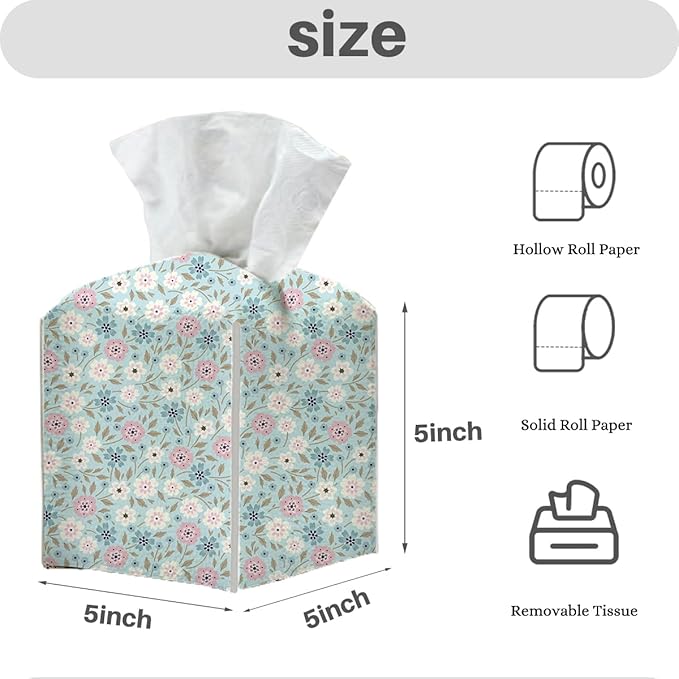 Tissue Box Cover, Tissue Box Holder, Square with Belt Bottom, PU Leather Decorative Organizer for Desk, Tabletop, Countertop Bathroom, Toilet Car, Office, Dresser Bedroom, Aesthetic Flower Decor