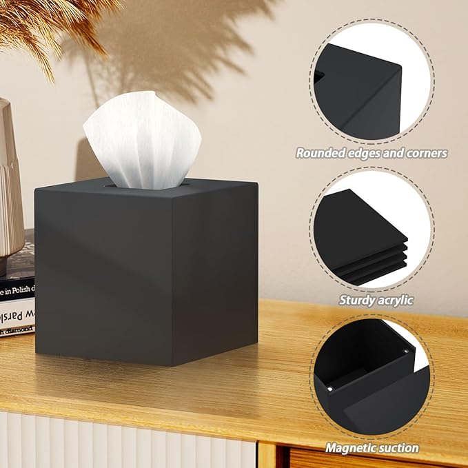 SILUT Tissue Box Cover Square, Acrylic Tissue Holder with Magnet Locking Bottom, Tissue Holder for Bathroom Vanity Bedroom Office, Matte Black