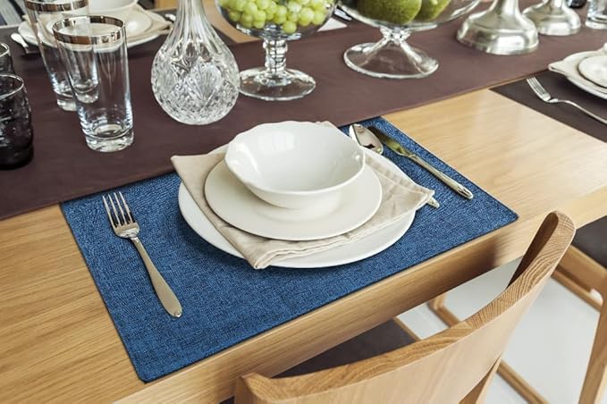 homing Cotton Linen Placemats Set of 6, Cloth Washable Farmhouse Dining Table Mats for Indoors & Outdoors, Easy to Clean, Navy Blue, 13 x 19 Inch