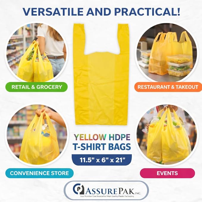 ASSUREPAK 1000 Bags - Colored Unprinted HDPE T-Shirt Bags - 1/6 BBL 11.5"X6"X21" - 13 microns - Yellow - Perfect for Groceries, Shopping, Boutique Bags and Retail Stores LOOP-YELLOW