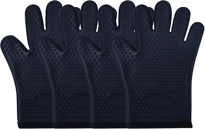 4 Pack Silicone Oven Mitts Ven Gloves with Fingers Pot Holders and Oven Mitts Heat Resistant Kitchen Baking Cooking Barbecue Accessories Black