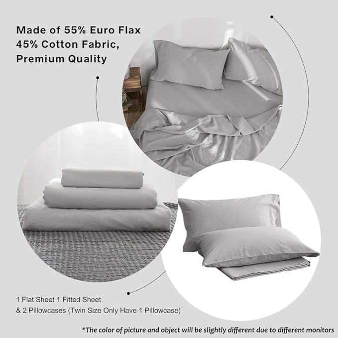 Simple&Opulence Belgian Linen Sheet Set Solid Color - 4 Pieces (1 Flat Sheet, 1 Fitted Sheet & 2 Pillowcases) Natural Flax Cotton Blend Soft Breathable Farmhouse Bedding - King Size, Grey