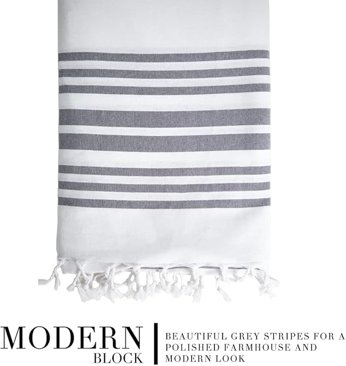 HALL & PERRY Modern Farmhouse Tassel Shower Curtain 100% Cotton Striped Fabric Shower Curtain with Tassels for Bathroom Décor (Grey 3, 72"x72")