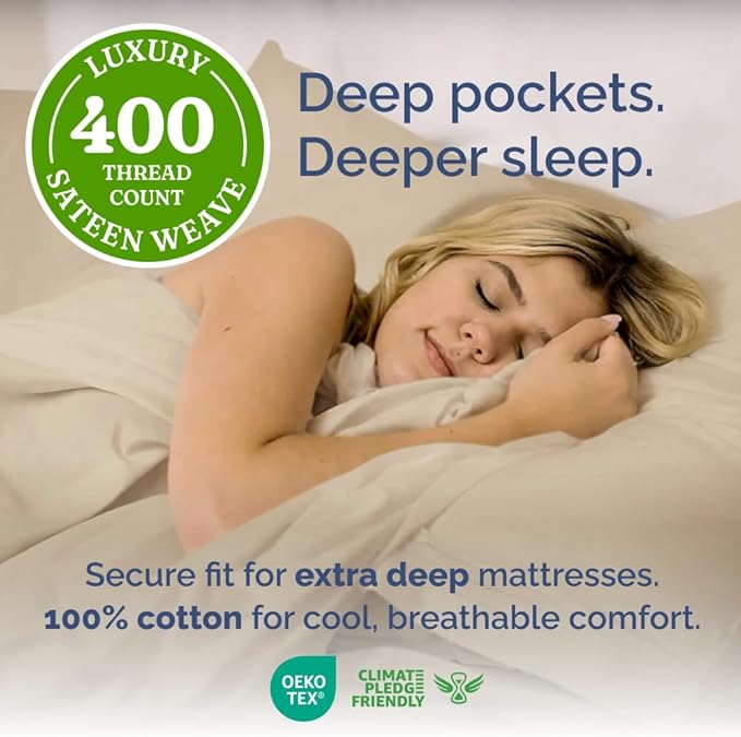 Extra Deep Pockets 400 Thread Count 100% Cotton 4 Piece Queen Size Bedding Sheet Set - Breathable & Cooling - Hotel Luxury Bed Sheets Set - Extra Soft, Wrinkle Free & Comfy Cream Bedding Sheets Set