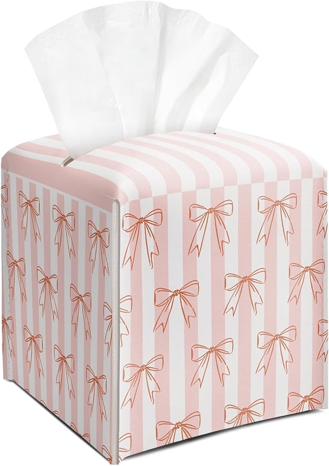 Blush Pink Bow Stripes Tissue Box Cover Square, Leather Tissue Holder with Bottom Belt, for Nightstands Desks Office Bathroom Car Vanity Home Decor Supplies -013