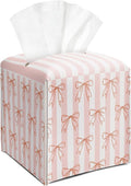 Blush Pink Bow Stripes Tissue Box Cover Square, Leather Tissue Holder with Bottom Belt, for Nightstands Desks Office Bathroom Car Vanity Home Decor Supplies -013