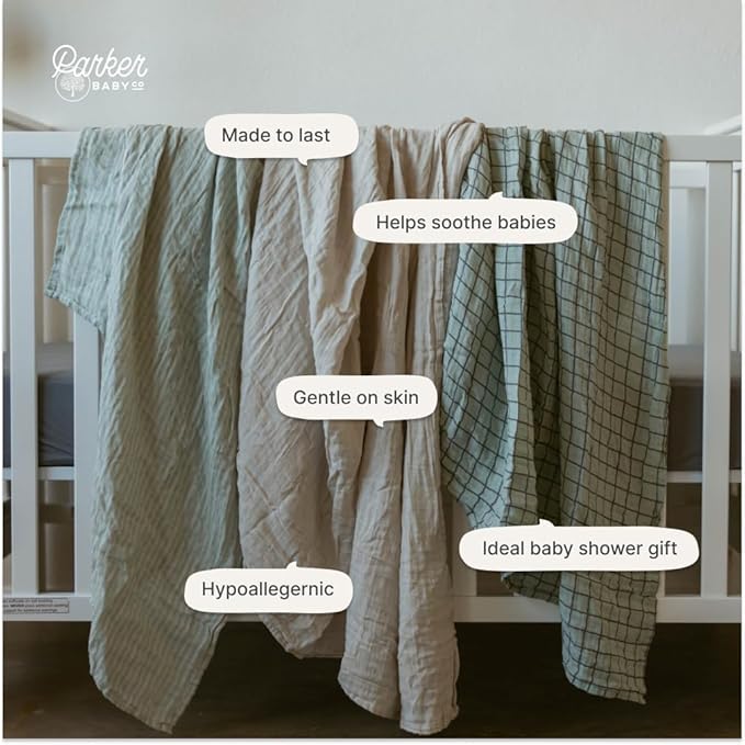 Parker Baby Swaddle Blankets - 3 Pack of 100% Cotton Muslin Swaddle Blankets for Baby Boys and Girls - Unisex/Gender Neutral - Sage