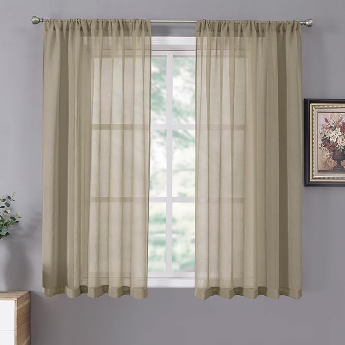 Tollpiz Short Sheer Curtains Linen Textured Bedroom Curtain Sheers Light Filtering Rod Pocket Voile Curtains for Living Room, 54 x 45 inches Long, Taos Taupe, Set of 2 Panels