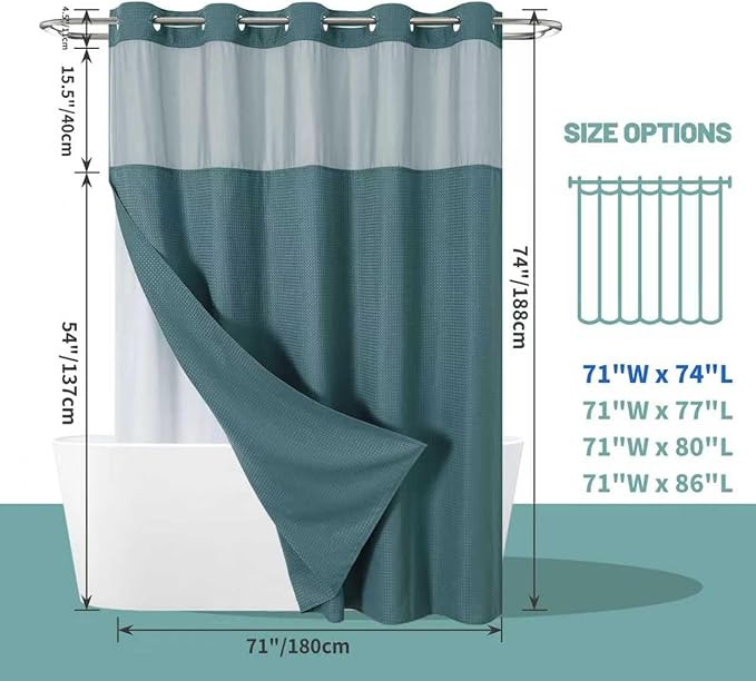 eachope SeawedGreen No Hook Waffle Weave Shower Curtain with snap-in Liner Replacement, 230GSM Waterproof Fabric Hotel Shower Curtain Set for Bathroom, Through Mesh Top Window,71Wx74H