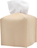 Hapforever 1PC Square Tissue Box Cover, PU Leather Square Tissue Box Holder with Bottom Belt Modern Tissue Box Organizer for Bathroom/Car/Hotel/Office (5.25”x5.25”x5”, Beige)