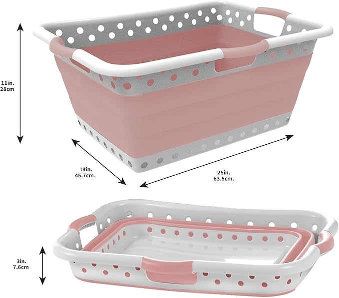 Pop & Load Collapse and Store Collapsible Plastic Laundry Basket - Large 1 pc Portable Pop Up Laundry Hamper for Laundry Room, Groceries, Office, Basket with Comfort Grip Handles, 10.5 Gallons, Pink