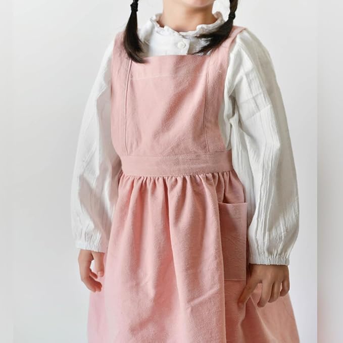 OBEEII Kids Aprons for Cooking Cotton Linen Children Baking Kitchen Gardening Painting Apron Pinafore Dress with Pockets