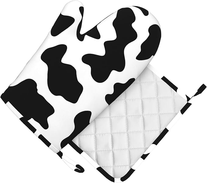Silicone Oven Mitts and Pot Holders Sets, Home Cow Print Heat Resistant BBQ Gloves for Kitchen Baking Cooking Grilling Microwave