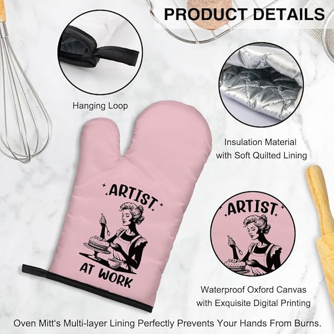 Artist at Work Cute Oven Mitts and Pot Holders Set, Baking Kitchen Tools for Female Bakers Cake Makers, Baking Gifts for Cake Lovers, Retro Humor Oven Mitts for Mom
