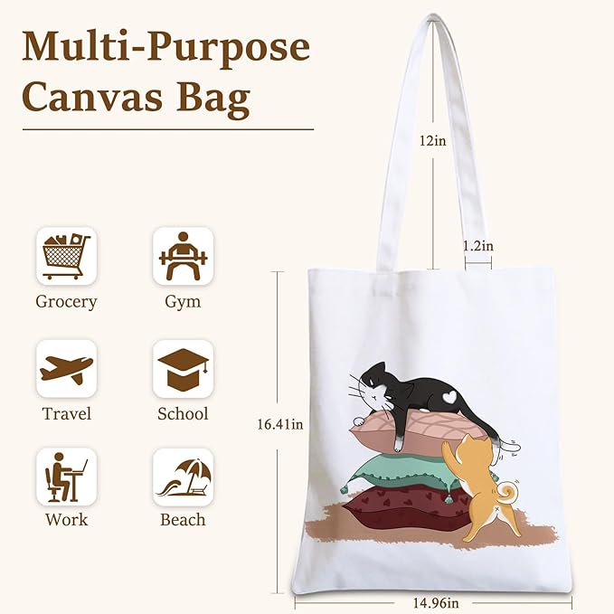 GICDSU Black Cat Cotton Canvas Tote Bag with Zipper, Reusable Grocery Bags, Beach Foldable Tote Bag for Women, Funny Totebag with Inner Pocket for Shopping Travel Gym Work