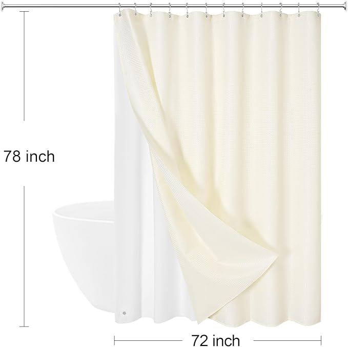 Craidlela 3 in 1 Long Cream Shower Curtain Set-72 W x 78 H, Ivory Waffle and PEVA Liner Set with 12 Stainless Steel Hooks, Waterproof Fabric for Bathroom