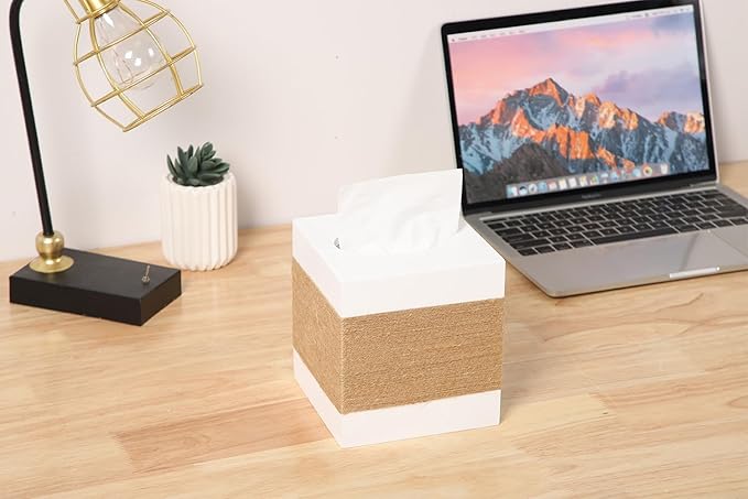 CATORY Tissue Box Cover, Wood Tissue Box Cover Square, Farmhouse Tissue Box Holder Covers Your Tissues, Decorative Tissue Cube Box Cover with Slide-Out Bottom (White)