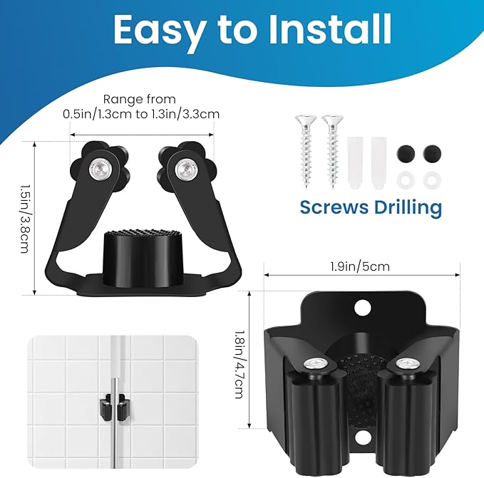 Yiows Broom Holder Wall Mount, 4PCS Broom Hanger Wall Mount, Stainless Steel Heavy Duty Mop Holder Broom Mop Hanger Wall with Screws, Garden Outdoor Tool Organizer Rack Broom Hanger (Black)