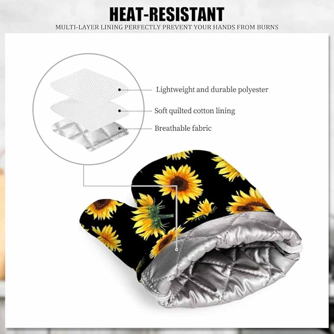 Mxocom Sunflowers Oven Mitts and Pot Holders Sets Flowers, Buds and Leaves on Black Background Silicone Heat Resistant Kitchen Oven Gloves Pot Holder for Cooking