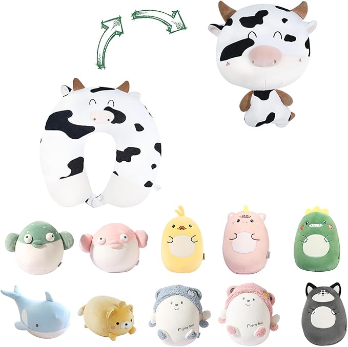 stocaggio Kids Travel Pillow - 2-in-1 Deformable Kids Neck Pillow for Traveling, Soft U-Shaped Pillow with Adorable Animal Design, Comfy Sleep and Play, Ideal for Airplanes and Traveling-Milk Cow