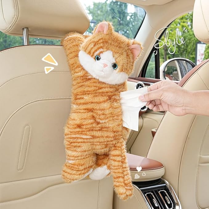 WASTROYAL Cute Cat Car Tissue Box Cover with Plush Doll, Hanging Vehicle Interior Organizer, Adorable Auto Decoration & Practical Accessory (Yellow)