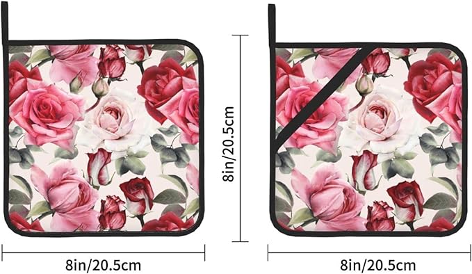2-Pack Pink Rose Pot Holders for Kitchen Heat Resistant - Vintage Quilted Potholders for Kitchens - Washable Potholder for Cooking & Baking & Microwave