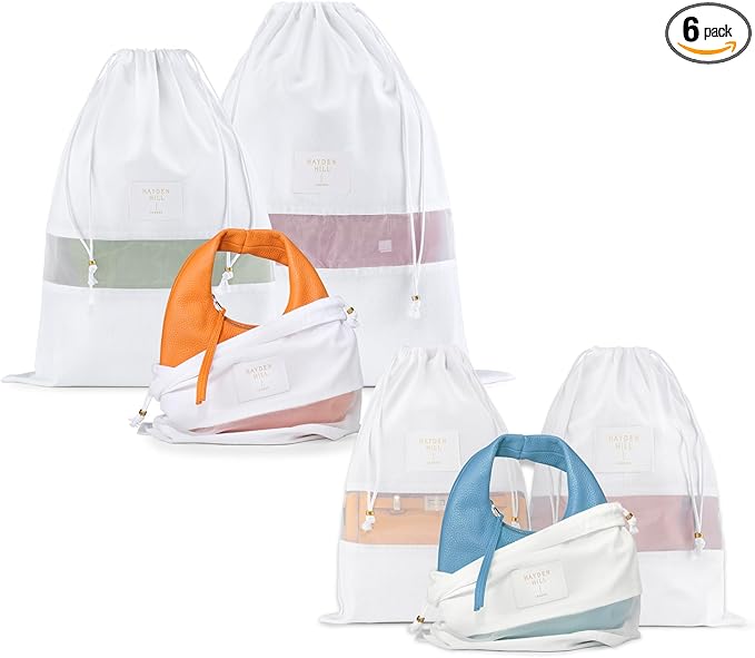 Hayden Hill Luxury Organic Cotton Dust Bags For Handbags - 6 Pack Mixed Sizes - Handbag, Purse and Shoe Storage - Certified Carbon Neutral