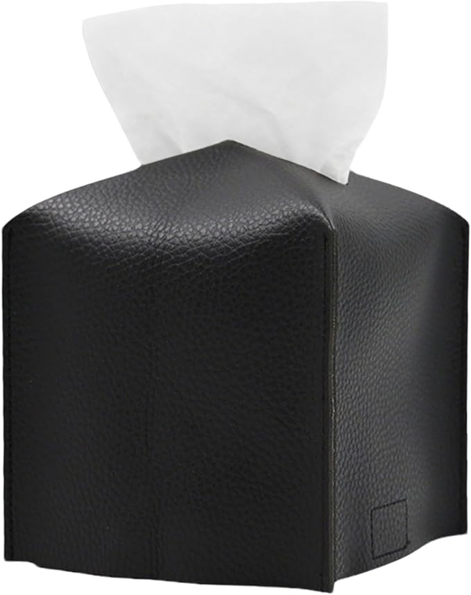 Hapforever 1PC Square Tissue Box Cover, PU Leather Square Tissue Box Holder with Bottom Belt Modern Tissue Box Organizer for Bathroom/Car/Hotel/Office (5.25”x5.25”x5”, Black)