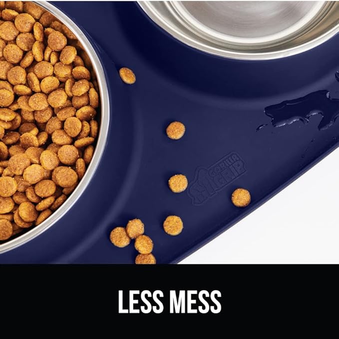 GORILLA GRIP Feeding Mat Set, 4 Cup, Patent Pending 100% Waterproof BPA Free Silicone, Stainless Steel Cat and Dog Bowls, Slip Resistant, Edges Catch Water Food, US Designed Pet Accessories, Navy Blue