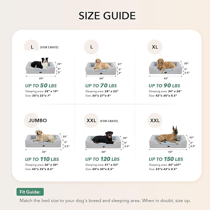 Casa Paw Orthopedic Dog Beds for Large Sized Dogs, Waterproof Memory Foam Large Pet Bed with Sides 35x22Inch, Non-Slip and Egg-Crate Foam Big Dog Couch Bed with Removable Washable Cover, Light Grey