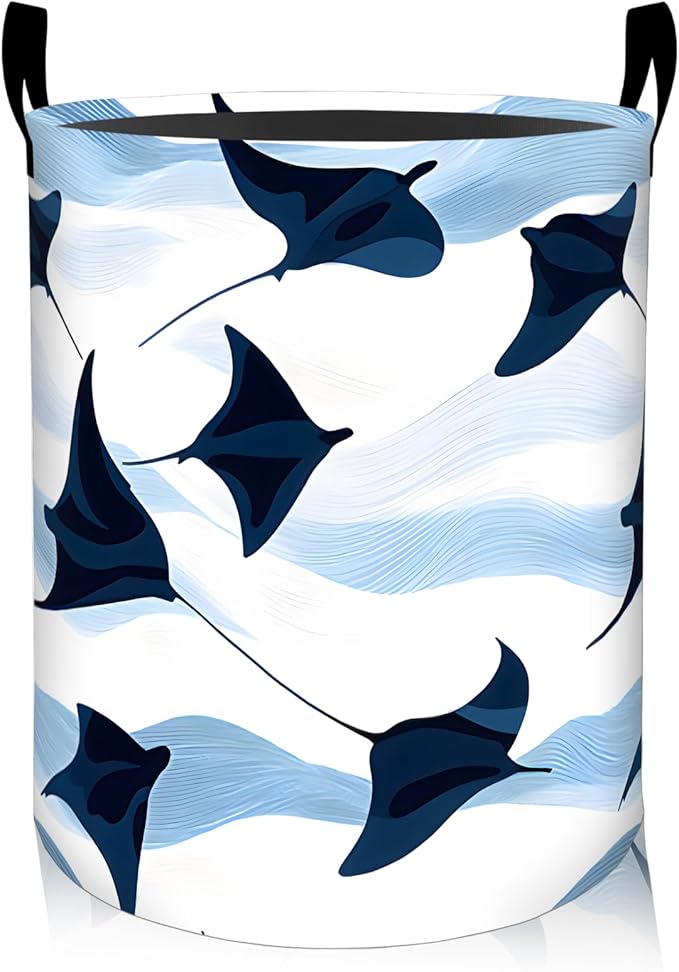 ainori Cute Stingray Laundry Basket, Oxford Cloth Minimalist Modern Dirty Clothes Collapsible Hamper for Room Decor, Ocean Manta Ray Print Gifts Toy Organizer 19.7*15.8 Inch for Bedroom Bathroom Dorm