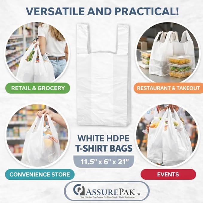 ASSUREPAK White Unprinted HDPE T-Shirt Bags - 1000 Units - 1/6 BBL 11.5"X6"X21" -13 microns - White - Perfect for Groceries, Shopping, Boutique Bags and Retail Stores
