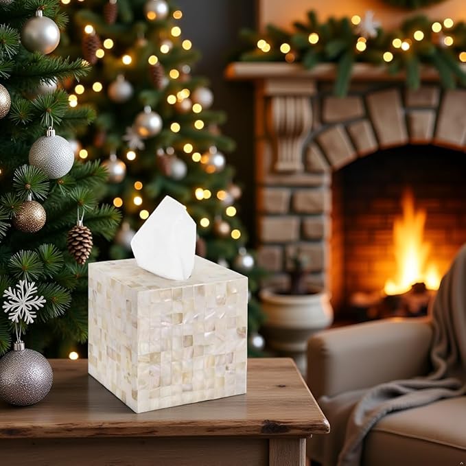 PEMAR 5.9″ Handmade Mother of Pearl Tissue Box Cover – Acacia Wood Cube, 5.35″ Interior Fits 5″ Square Boxes, Sliding Bottom, Pearly White Lacquer Rustic Farmhouse Decor