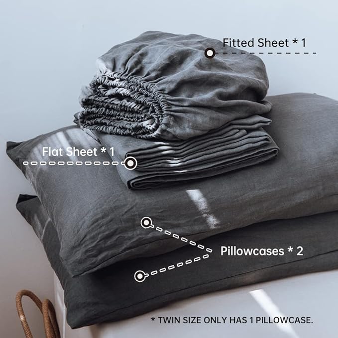 Simple&Opulence Washed Linen Bed Sheet Set Basic Style 4 Pieces (1 Flat Sheet & 1 Fitted Sheet & 2 Pillowcases) 100% Natural French Flax Soft Breathable Farmhouse Bedding (King, Dark Grey)