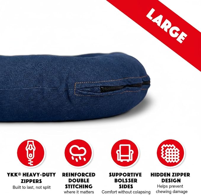 The Dog’s Bed Utility Waterproof Dog Bed, Large, Blue Denim – Durable Outdoor Denim Fabric, Tough YKK Zippers, Washable Removable Reversible Cover, for Home Car Crate Kennel & Yard