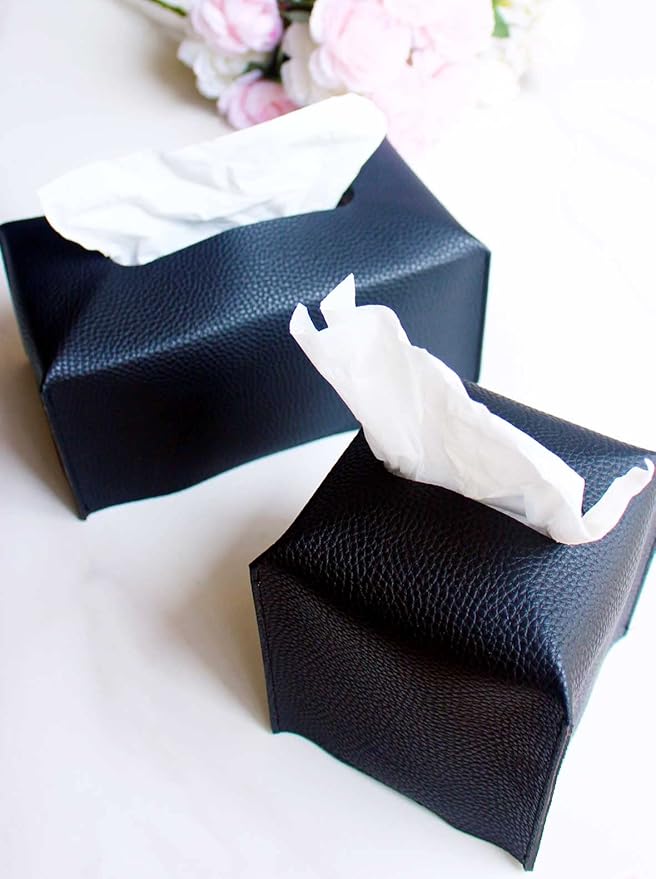 Large Tissue Box Cover Rectangular – Plus Size Rectangle Tissue Box Holder with Bottom Belt [JESMINI, Black] Modern Leather Long Tissue Holder for Bathroom/Car/Office Decor