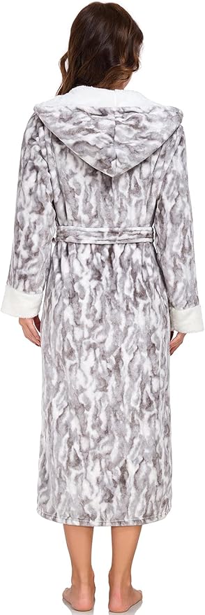 RONGTAI Womens Plush Fleece Hooded Bathrobe, Thick Nightgown Long Robe Sleepwear with Two Side Pockets and Belt