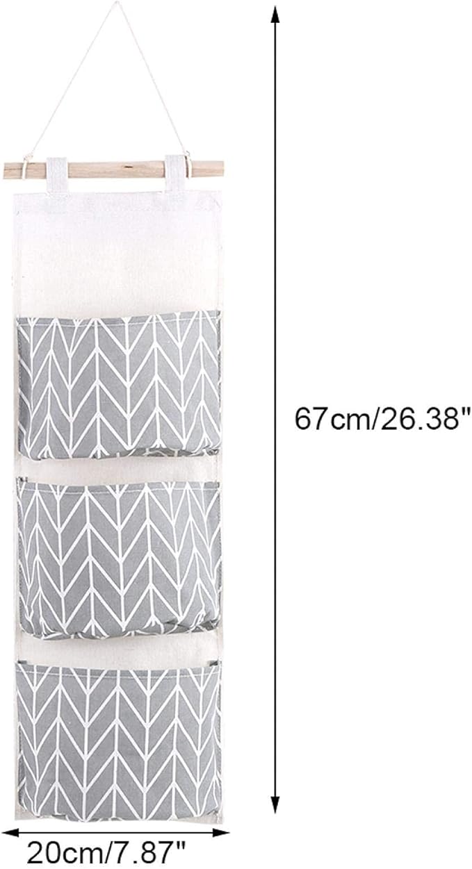 Oumefar 3 Pockets Hanging Pouch Cotton Linen Wall Hanging Storage Bags Door Pouch Bedroom Home Office Organizer 20x67cm(Gray)