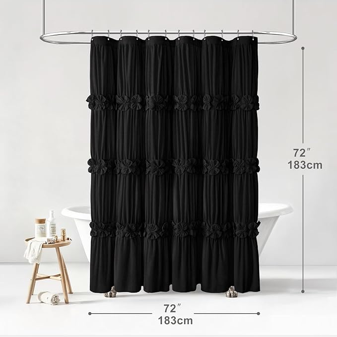 XOGUIBO Ruffle Shower Curtain with Handmade Bow Tie, Black Linen Vintage Farmhouse Shower Curtain for Bathroom, 72" W x 72" H