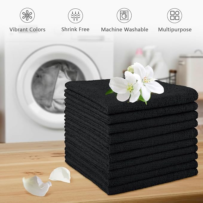 Orighty Washcloths Towels Set 20 Pack, Highly Absorbent and Soft Feel Microfiber Face Cloths, Multi-Purpose Wash Cloths & Hand Towels for Bathroom, Hotel, Spa, and Gym, 11.5x11.5 Inch, Black