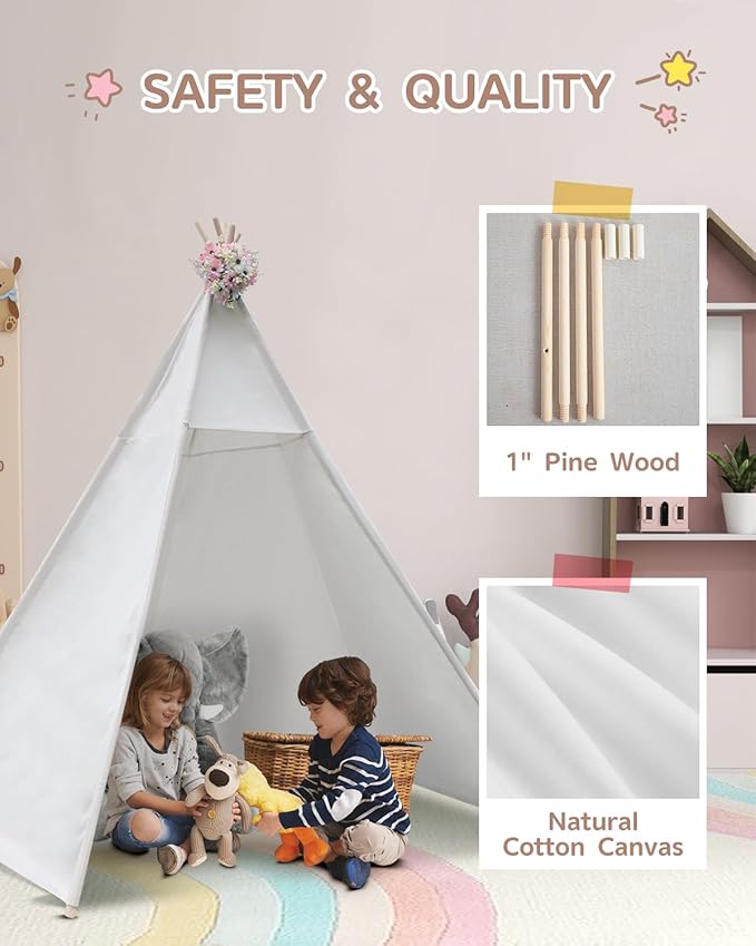 86" H Larger Teepee Play Tent, Huge Foldable Teepee Indoor with Star Light, Large Tall Outdoor Canvas Teepee Tent for Adults, 5 Sides Wide Open Front Beach Teepee Without Door Flaps