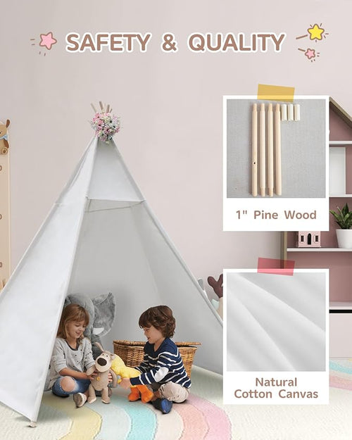 86" H Larger Teepee Play Tent, Huge Foldable Teepee Indoor with Star Light, Large Tall Outdoor Canvas Teepee Tent for Adults, 5 Sides Wide Open Front Beach Teepee Without Door Flaps