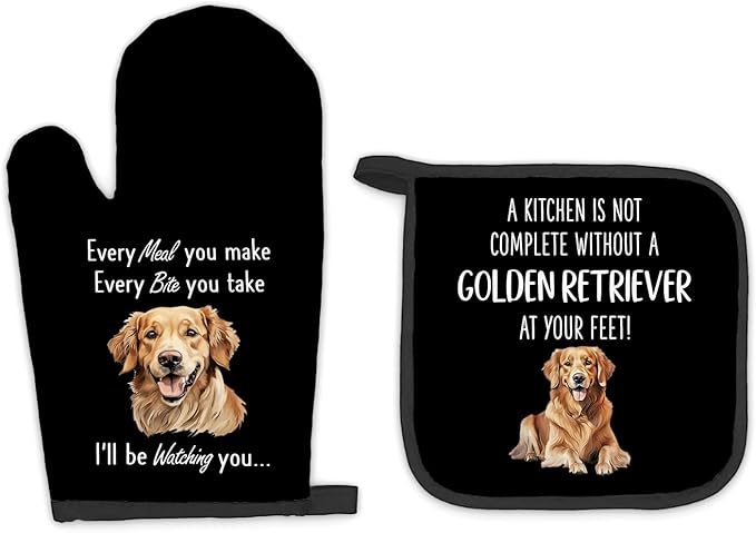 Golden Retriever Gifts for Women, Dog Oven Mitts and Pot Holders Sets, Golden Dog Decor Kitchen Accessories Sets, GoldenRetriever Heat Resistant Oven Glove Potholders for Kitchen Baking