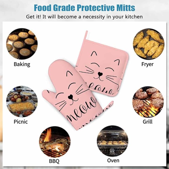 Mxocom Cat Welcome Silicone Oven Mitts and Pot Holders Sets Cute Cat Smile Face Graphic BBQ Gloves for Kitchen,Cooking,Baking,Grilling