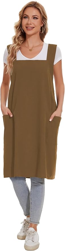 Linen Cotton Aprons for Women Smock Cross-Back Apron with Pockets