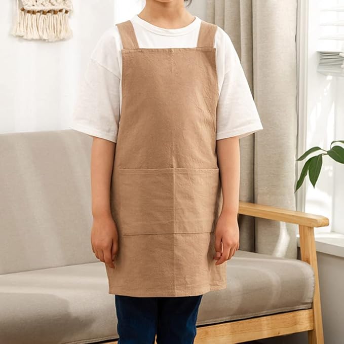 Kids Cotton Cross Back Aprons Children Chef Pure Child Apron with 2 Pockets for Baking Painting Cooking