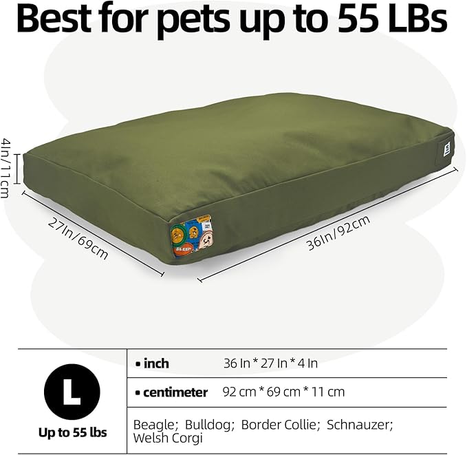 Sytopia 36 Inch Canvas Outdoor Dog Bed for Large and Medium Dogs, Waterproof Washable Removable Cover, Indoor Patio Pet Pad, Green