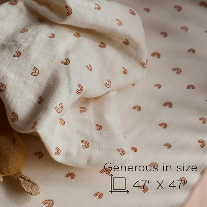 Huxie Swaddle - 100% Organic Cotton - Muslin Swaddle Blankets for Newborn, 47" x 47" (Rainbows)